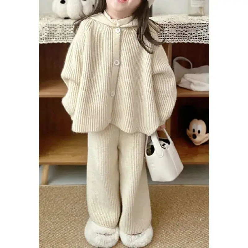 Children’s Sweater Set Autumn/Winter Girls’ Hooded Knitted Cardigan Coat Wide Leg Pants Two Piece Set