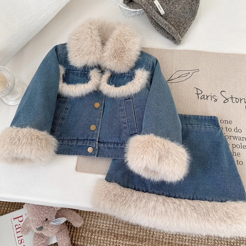 Girls’ Denim Suit Winter New Girls’ Fleece Denim Coat + Cotton Skirt Two-piece Set Girls Clothes 2-8yrs