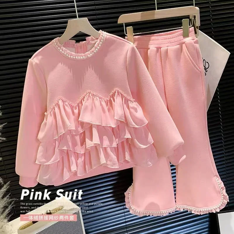 Children’s One-piece Velvet Patchwork Mesh Sweater+bell Bottoms Girls Fashion Two-piece Set Girls Fashion Lace Top Kids Clothing