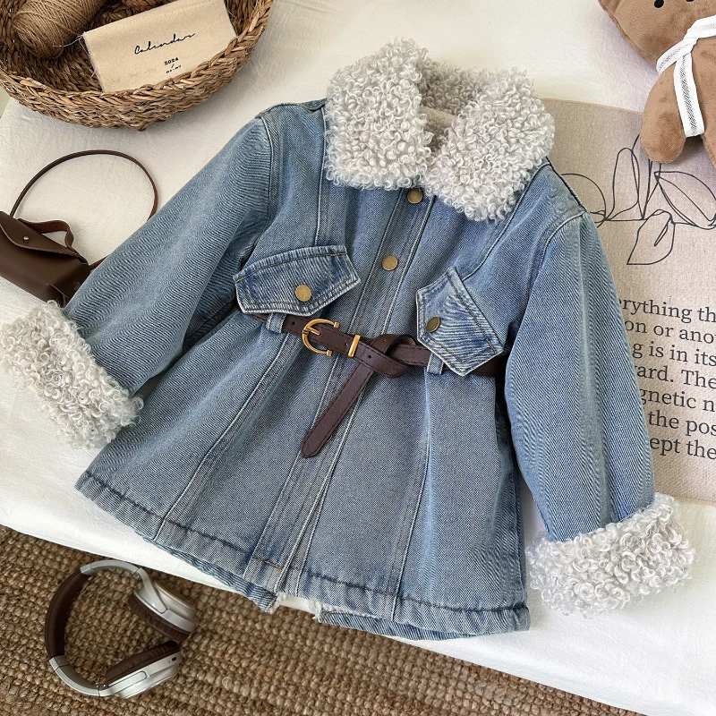 Winter New Korean Girls Blue Long Sleeve Denim Thick Trench Coat Baby Style Coat Girls Clothes