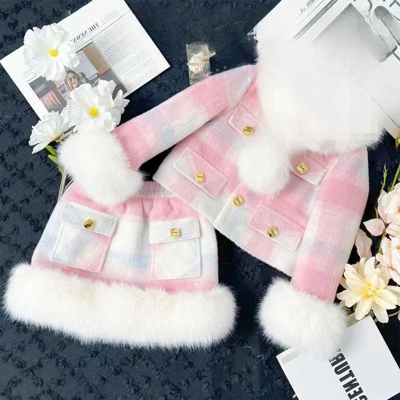 Girls Pink Winter Set Baby Furry Pink Plaid Children Fashion Coat and Skirt Thickened Two-piece Set Korean Sweet Style
