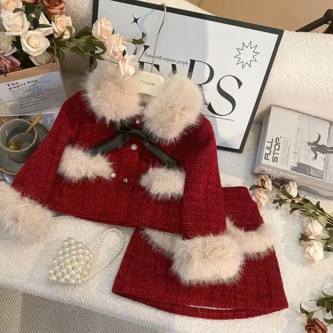 Girls’ Winter Little Fragrant Wind Set Western Style Children’s Plush Thick Cute New Year’s Wear Half Skirt Two Piece Set