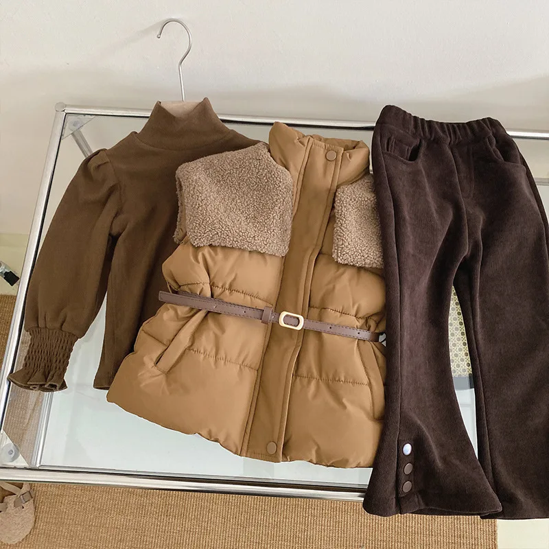 Kids Clothes for Girls Casual Autumn Winter Thick Warm Large Turn-down Collar Vest Fashion All-match Blouse Solid Pants