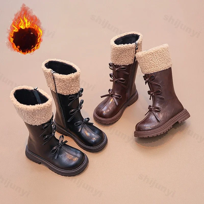 New Fashion Long Tube Kids Shoes Fashion Bowknot Knee High Boots Girls Side Zipper Fur Boots Winter Children Princess Shoes