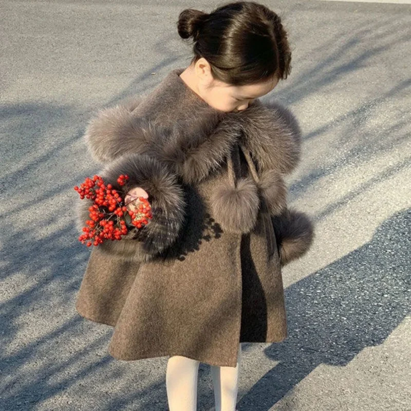 Girls Woolen Coat Overcoat Jacket Windbreak Brown Warm Plus Thicken Autumn Winter Cotton Teenagers Children’s Clothing