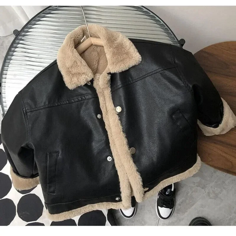 Leather Jackets Boys Girls Black Fleece Cardigan Coat Autumn Winter Warm Loose Vintage Clothes Teenagers Outerwear E4804