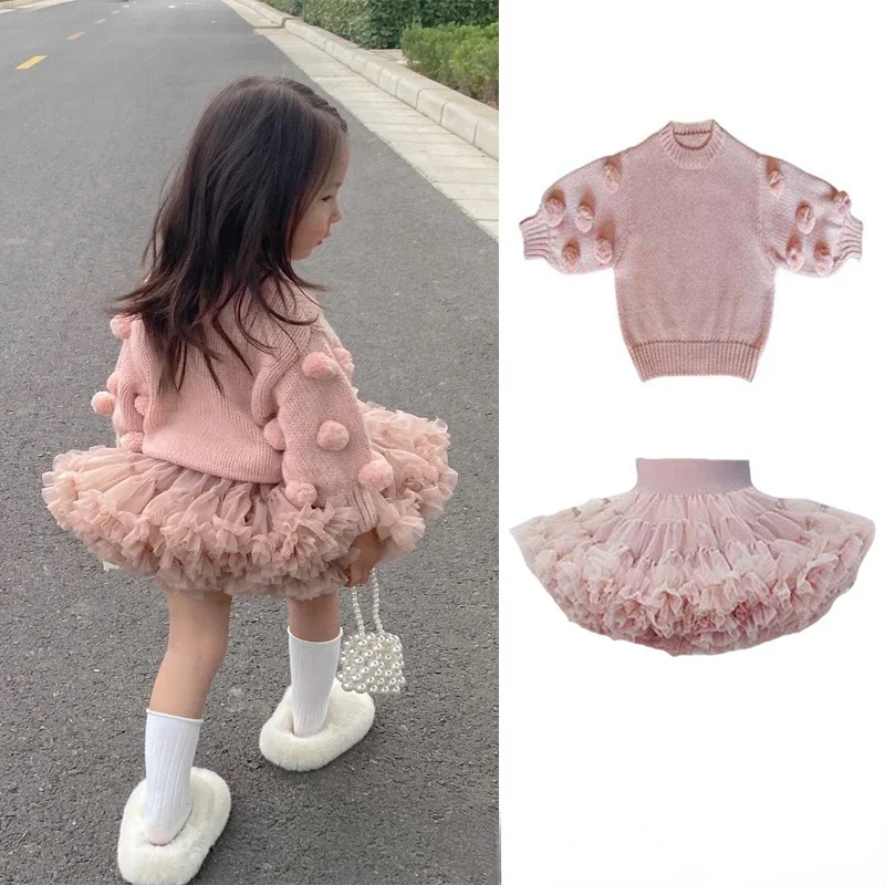 Spring Autumn Kids Girls Set Mohair Pompom Long Sleeves Pullover Knitwear Sweater Solid Color Mesh High Waist TUTU Skirt H5605