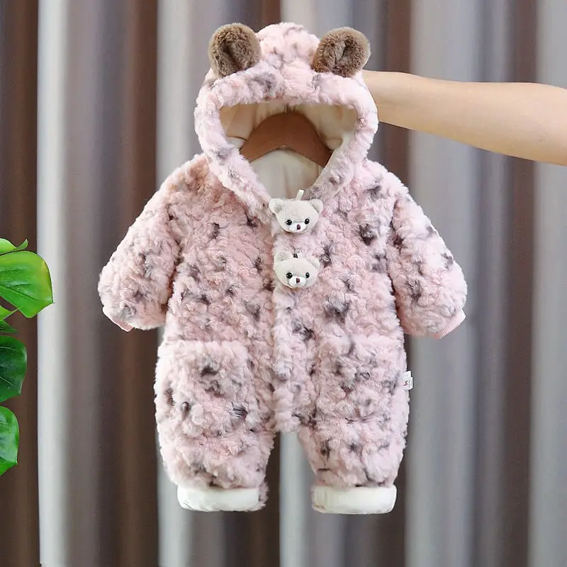 Cute Bear Leapard Hooded Overalls Baby Girls Rompers Jumpsuits Winter Soft Thick Warm Onesie Cartoon Bodysuit Kids Clothes