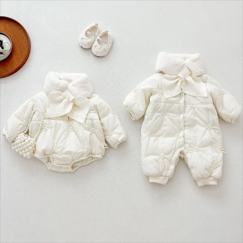 Winter Baby Clothing Velvet Jumpsuit with Fur Scarf for Girls Outerwear Thicken Newborn Romper Snowsuits Sisters Onesie Clothes