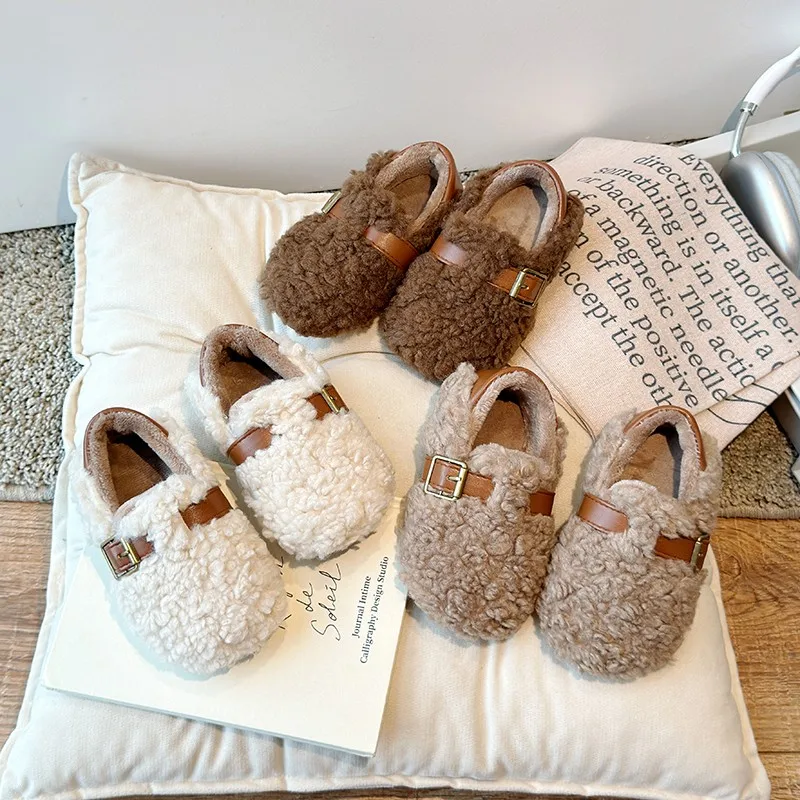 Children Winter Loafers Bowtie Fleece Leisure Slip-on Kids Flat Shoes Warm Round Toe Fashion Three Colors Girl’s Shoe 21-36